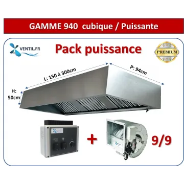 Pack PUISSANCE Gamme 940 -1.5 à 3m: Hotte inox cubique+ Moteur DD 9/9 - 230v + Variateur 230v pour la restauration