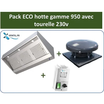 Pack ECO hotte avec tourelle 230v: hotte inox pro de 1.2 à 2.4m GAMME 950 + Tourelle d'extraction + Variateur pour cuisine pro