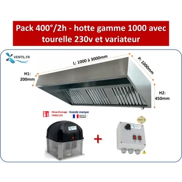 Pack 400°/2h 230v: hotte inox professionnelle classique de 2 à 4m + Tourelle d'extraction F400/120 + Variateur 230v