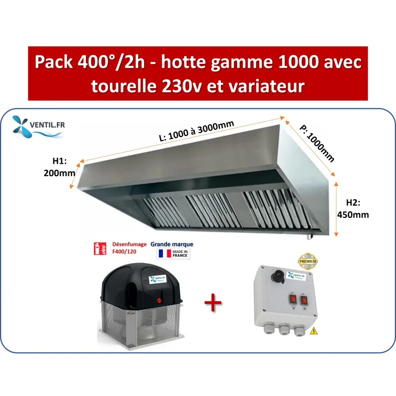 Pack 400°/2h 230v: hotte inox professionnelle classique de 2 à 4m + Tourelle d'extraction F400/120 + Variateur 230v