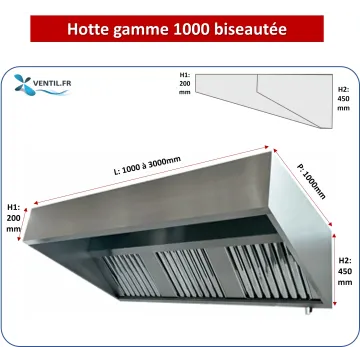 Hotte gamme 1000 (nue sans moteur) en inox de 1 à 6 m avec casquette pour cuisine professionnelle