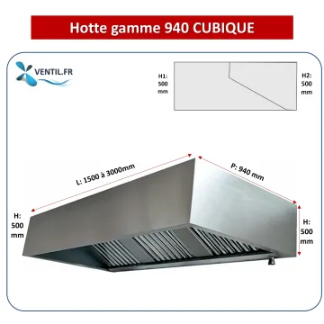 Hotte inox cubique statique gamme 940 (nue sans moteur) PREMIUM 1.5 à 3 m grande casquette cubique pour cuisine professionnelle