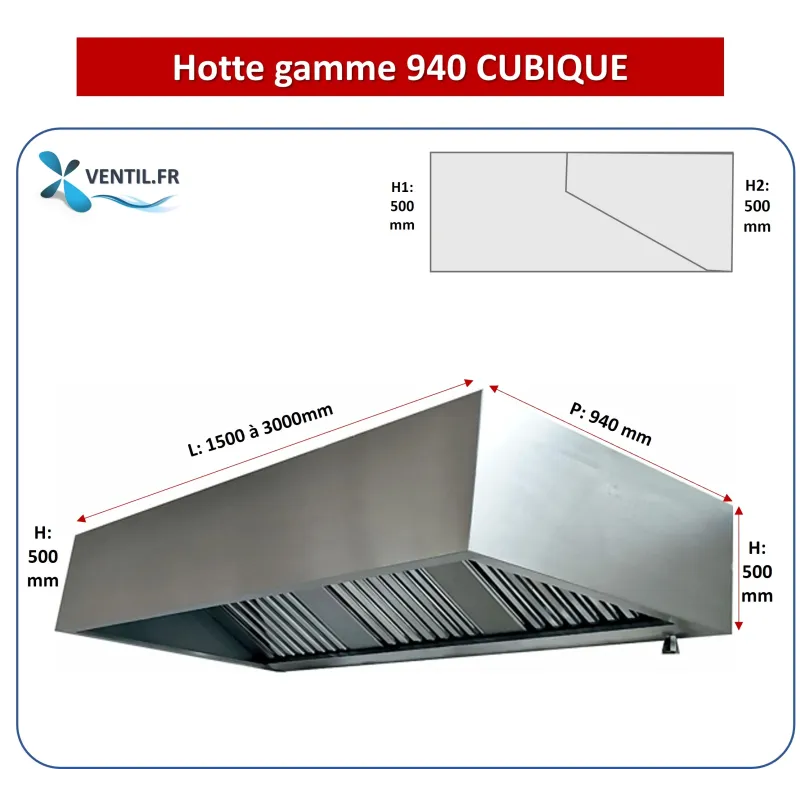 Hotte inox cubique statique gamme 940 (nue sans moteur) PREMIUM 1.5 à 3 m grande casquette cubique pour cuisine professionnelle