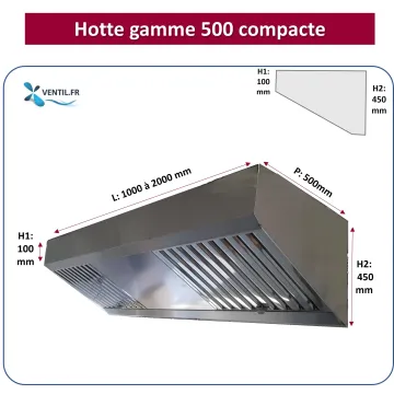 Hotte compacte gamme 500 (nue sans moteur) en inox de 1 à 2 m pour cuisine professionnelle et restaurant