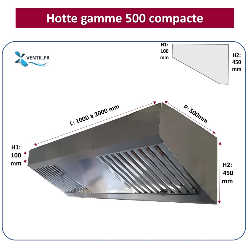 Hotte compacte gamme 500 (nue sans moteur) en inox de 1 à 2 m pour cuisine professionnelle et restaurant