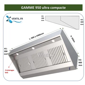 Hotte en inox statique gamme 950 (nue sans moteur) ultra compacte avec éclairage leds pour cuisine pro et restauration