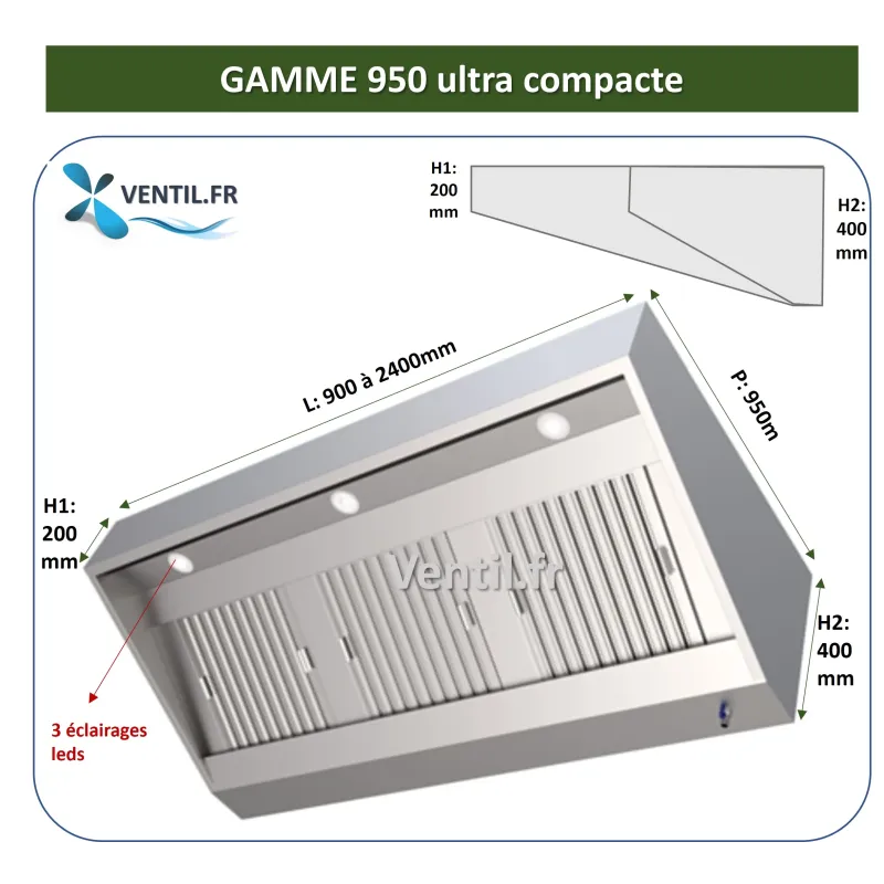 Hotte en inox statique gamme 950 (nue sans moteur) ultra compacte avec éclairage leds pour cuisine pro et restauration