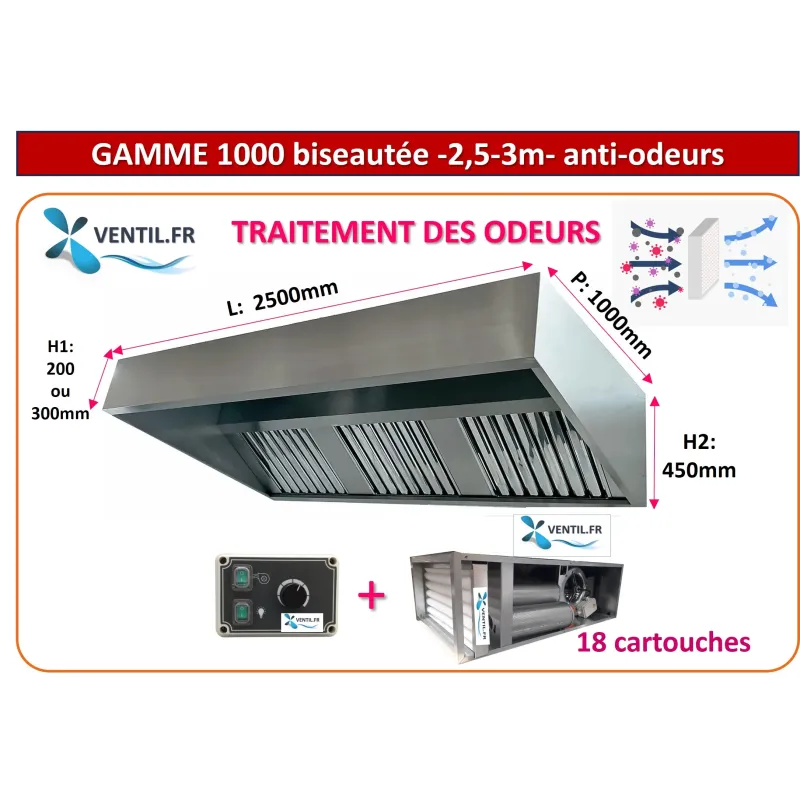 Pack Hotte Inox Pro 2.5m à 3m + Caisson Motorisé Charbon Actif