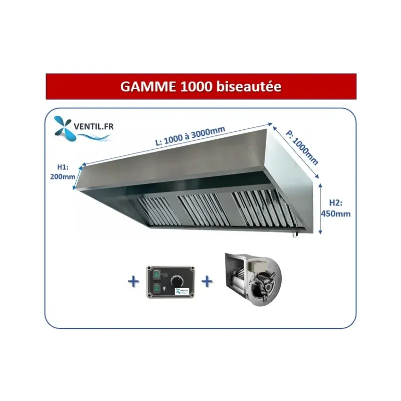 Hotte inox professionnelle complète gamme 1000 avec moteur et variateur