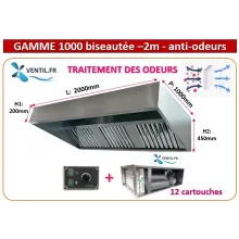 PACK hotte inox classique 2m ANTI-ODEURS : hotte pro + Caisson charbon 12 cartouches avec moteur 9/9 intégré + variateur 230v