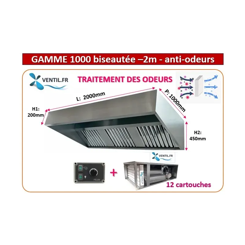 PACK hotte inox classique 2m ANTI-ODEURS : hotte pro + Caisson charbon 12 cartouches avec moteur 9/9 intégré + variateur 230v