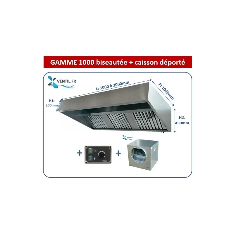 Pack hotte inox professionnelle de 1 à 3m avec caisson moteur déporté et variateur pour restaurant et cuisine professionnelle