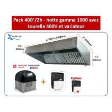 Pack 400°/2h Triphasé: hotte inox professionnelle de 1.5 à 5m+ Tourelle d'extraction TRI + Variateur de fréquence TRI