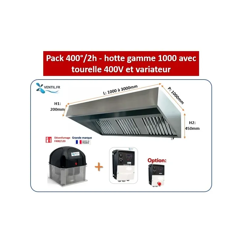 Pack 400°/2h Triphasé: hotte inox professionnelle de 1.5 à 5m+ Tourelle d'extraction TRI + Variateur de fréquence TRI