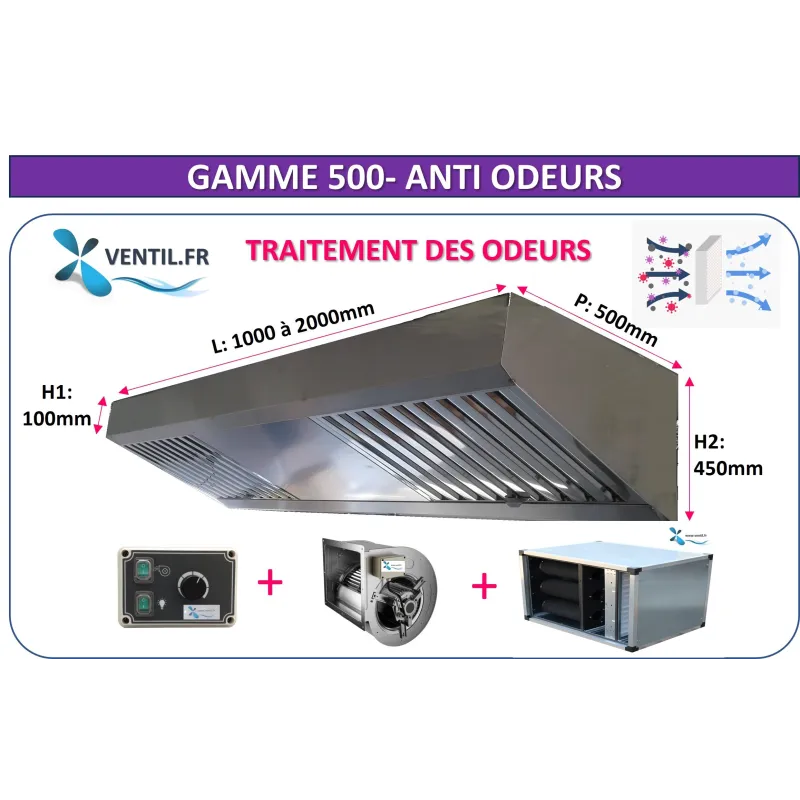 PACK ANTI-ODEURS Gamme 500 hotte inox compacte : hotte 1 à 2 m +moteur 230v + variateur + caisson à charbon 6 cartouches