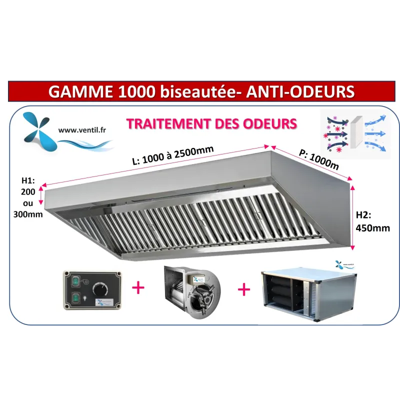 hotte inox ANTI-ODEUR HSE: hotte 1 à 2m +moteur 230v+ caisson à charbon pour cuisine pro - Hotte sans évacuation