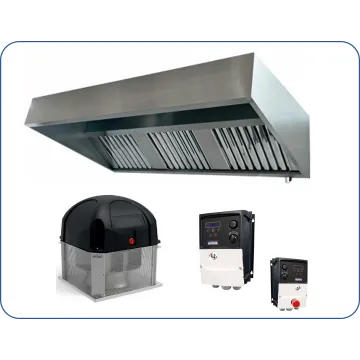 Pack 400°/2h Triphasé: hotte inox professionnelle classique de 1.5 à 5m+ Tourelle + Variateur de fréquence