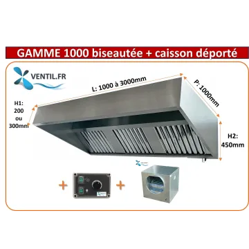 Pack hotte inox professionnelle de 1 à 3m avec caisson moteur déporté et variateur pour restaurant et cuisine professionnelle