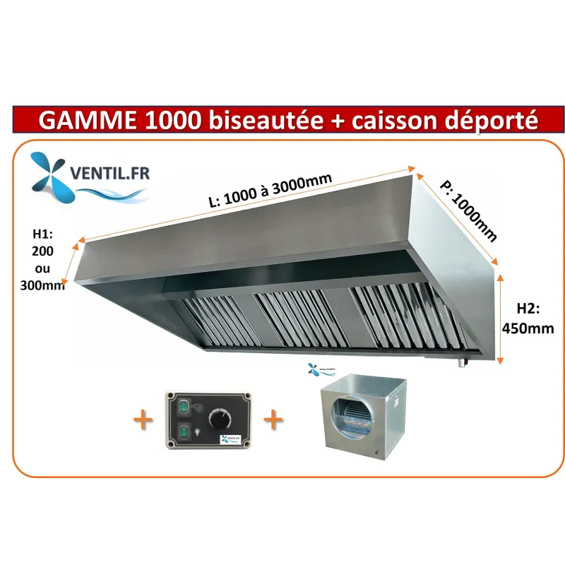 Pack hotte inox professionnelle de 1 à 3m avec caisson moteur déporté et variateur pour restaurant et cuisine professionnelle