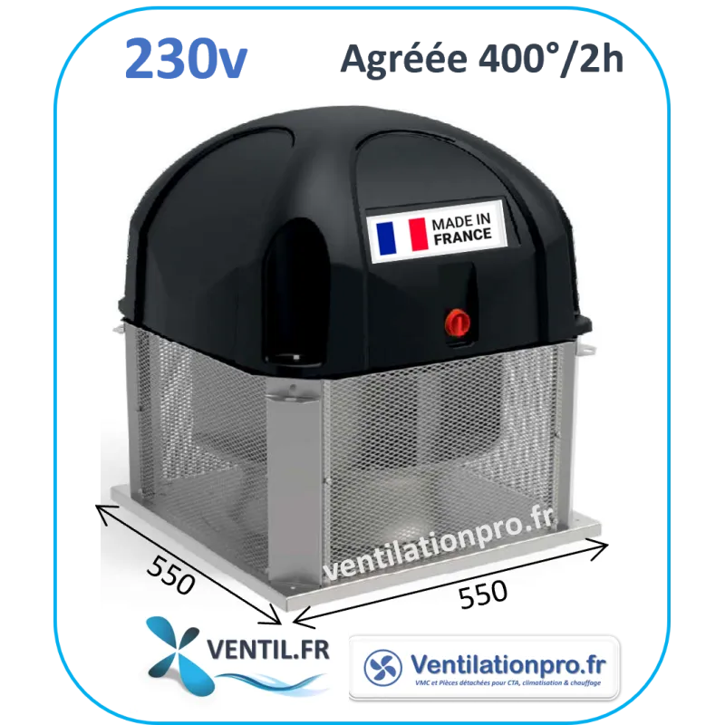 Tourelle d'extraction 2000 m3/h T32- 230v-monophasé 400°/2h (F400-120) pour hotte de cuisine pro réf:T32