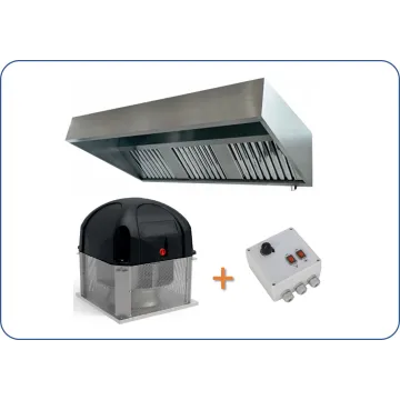 Pack 400°/2h 230v: hotte inox professionnelle classique de 2 à 4m + Tourelle d'extraction F400/120 désenfumage+ Variateur 230v