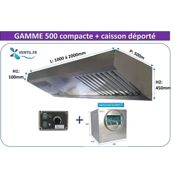 Pack Gamme 500 de 1 à 2 m: hotte inox professionnelle compacte+ caisson motorisé + variateur 230v pour la restauration