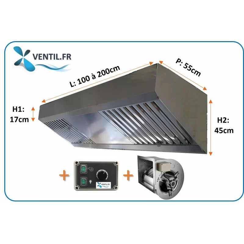 Pack COMPACT de 1 à 2 m: hotte inox professionnelle compacte+ moteur ventilateur+ variateur 230v pour la restauration