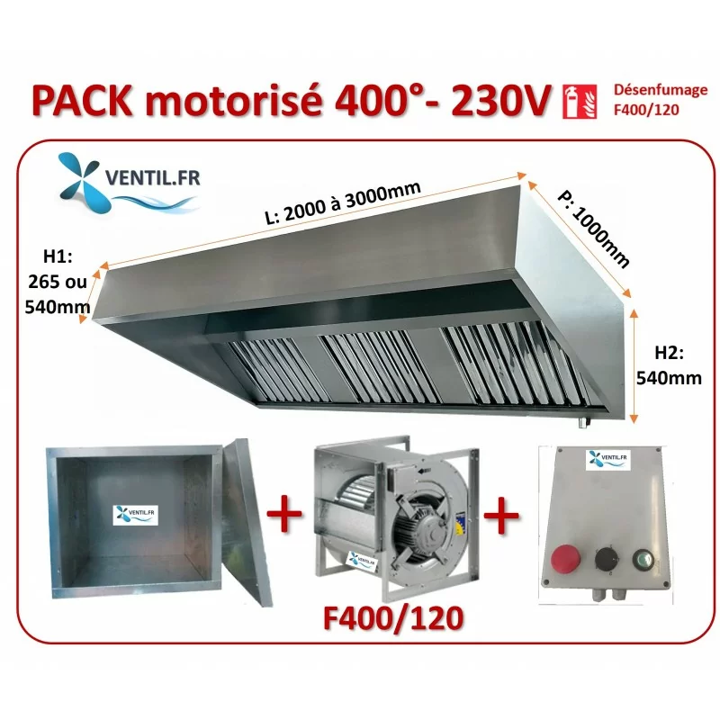 Pack 400°/2h: Hotte inox pro de 2.5 m à 3 m + Moteur F400/120 3500m3/h 230v+ caisson+ Variateur 230v pour restaurant