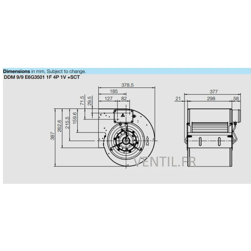 dimensions moteur ventilateur 3600m3/h DDM 9/9 550w 400v- Nicotra - pour extraction de hotte professionnelle E6G3501