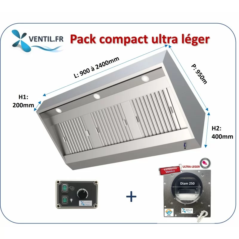 Pack Compact- Ultra léger de 1 à 2.4 m: hotte inox pro + caisson motorisé ultra léger + variateur 230v pour la restauration