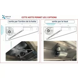 schéma hotte professionnelle avec moteur, sortie par le haut ou par l'arrière de la hotte de restaurant