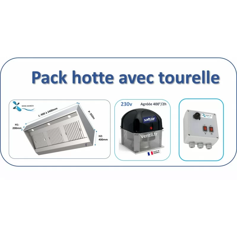 Pack hotte inox pro avec tourelle 230v et variateur pas cher