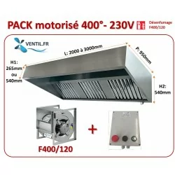 Pack 400° Hotte inox pro de 2 m à 3 m + Moteur 400° 3500m3/h 230v+ Variateur 230v