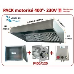 Pack 400° Hotte inox pro de 2 m à 3 m + Moteur 400°/2h 3500m3/h 230v+ caisson+ Variateur 230v