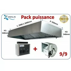 Pack PUISSANCE 2 à 3m: Hotte inox professionnelle + Moteur DDM 9/9 3600m3/h 230v + Variateur 230v pour la restauration