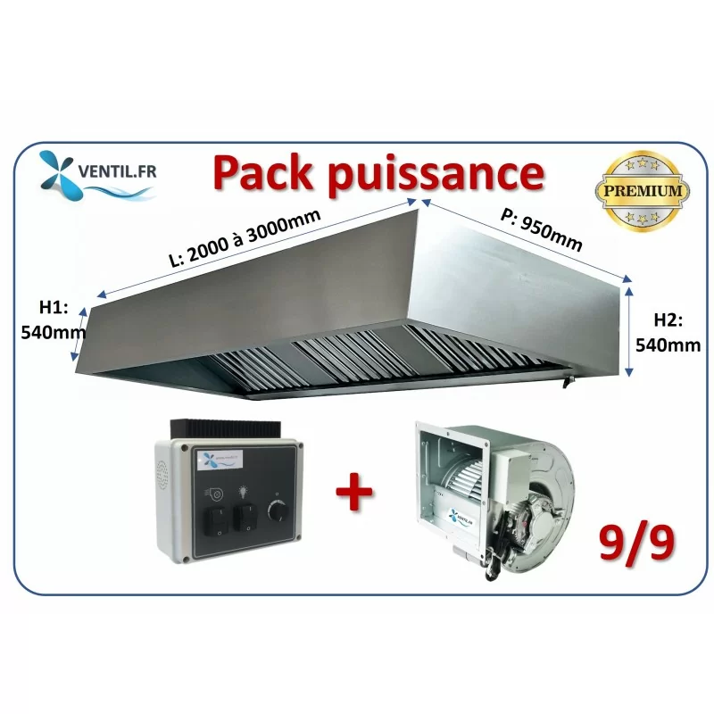 Pack PUISSANCE 2 à 3m: Hotte inox professionnelle + Moteur DDM 9/9 3600m3/h 230v + Variateur 230v pour la restauration