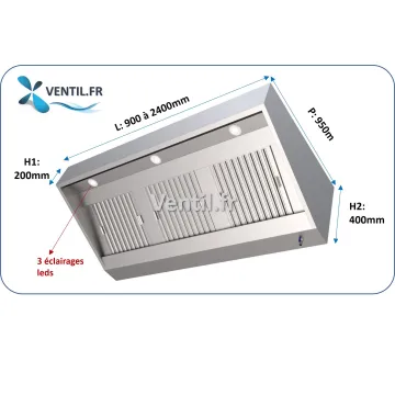Packhotte avec tourelle 230v gamme 950: hotte inox pro de 1.2 à 2.4m+ Tourelle d'extraction 230v+ Variateur pour cuisine pro