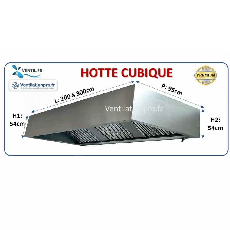 Hotte inox statique PREMIUM 3 m grande casquette cubique pour cuisine professionnelle