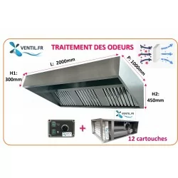 PACK hotte inox classique 2m ANTI-ODEURS : hotte pro+ Caisson charbon 12 cartouches avec moteur 9/9 intégré + variateur 230v