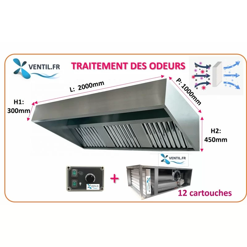 PACK hotte inox classique 2m ANTI-ODEURS : hotte pro+ Caisson charbon 12 cartouches avec moteur 9/9 intégré + variateur 230v