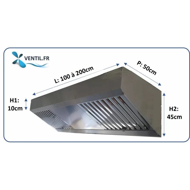 Hotte compacte statique (nue sans moteur) en inox de 1 à 2 m pour cuisine professionnelle et restaurant