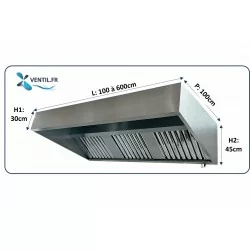 Hotte classique statique (nue sans moteur) en inox de 1 à 6 m avec casquette pour cuisine professionnelle