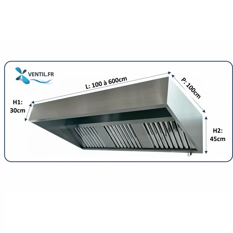Hotte classique statique (nue sans moteur) en inox de 1 à 6 m avec casquette pour cuisine professionnelle