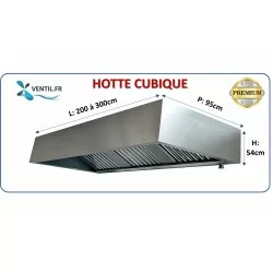 Hotte inox cubique statique (nue sans moteur) PREMIUM 1.5 à 3 m grande casquette cubique pour cuisine professionnelle