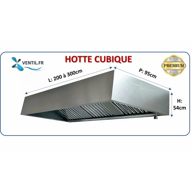 Hotte inox cubique statique (nue sans moteur) PREMIUM 1.5 à 3 m grande casquette cubique pour cuisine professionnelle