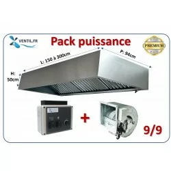 Pack PUISSANCE 1.5 à 3m: Hotte inox cubique professionnelle + Moteur DD 9/9 3200m3/h 230v + Variateur 230v pour la restauration