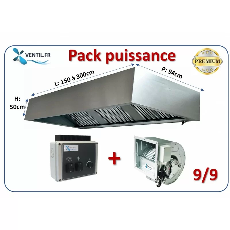 Pack PUISSANCE 1.5 à 3m: Hotte inox cubique professionnelle + Moteur DD 9/9 3200m3/h 230v + Variateur 230v pour la restauration