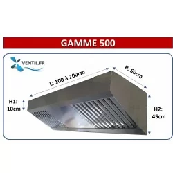 Hotte compacte statique gamme 500 (nue sans moteur) en inox de 1 à 2 m pour cuisine professionnelle et restaurant
