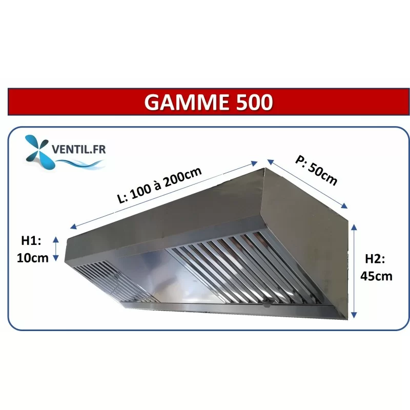 Hotte compacte statique gamme 500 (nue sans moteur) en inox de 1 à 2 m pour cuisine professionnelle et restaurant