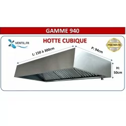 Hotte inox cubique statique gamme 940 (nue sans moteur) PREMIUM 1.5 à 3 m grande casquette cubique pour cuisine professionnelle